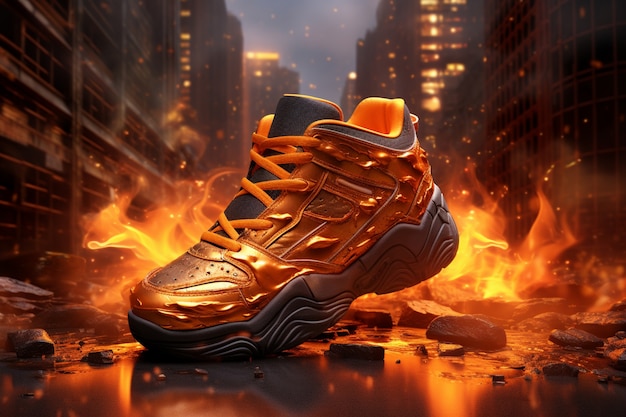 Foto gratuita scarpa 3d in fiamme con le fiamme