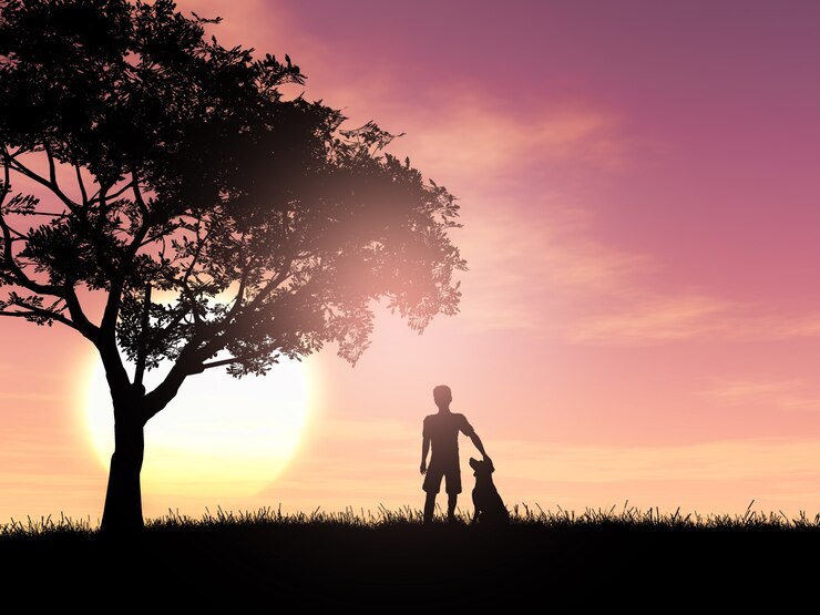 無料Photo 少年と夕方の空に対する彼の犬の3dシルエット