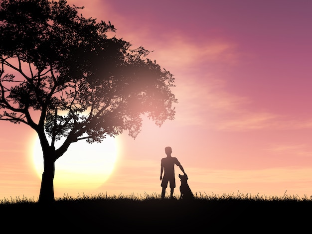 3D silhouette of a boy and his dog against a sunset sky