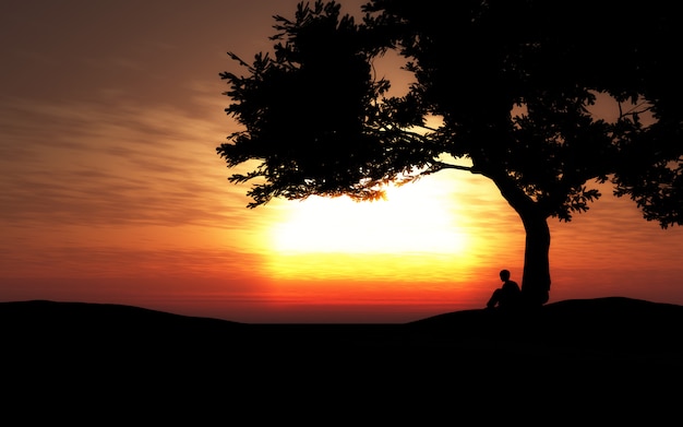 3D silhouette of a boy sitting under a tree at sunset