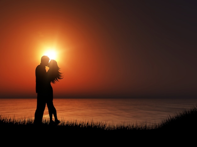 3D Silhouette of a Couple Kissing Against a Sunset Ocean Landscape