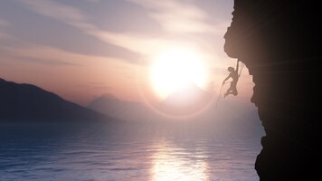 Free photo 3d silhouette of an extreme rock climber against a sunset ocean landscape
