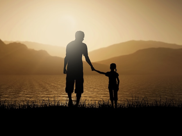 3D silhouette of father and daughter against a sunset ocean landscape