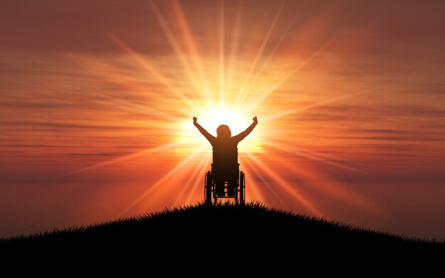 3D silhouette of a female in a wheelchair with her arms raised against a sunset ocean