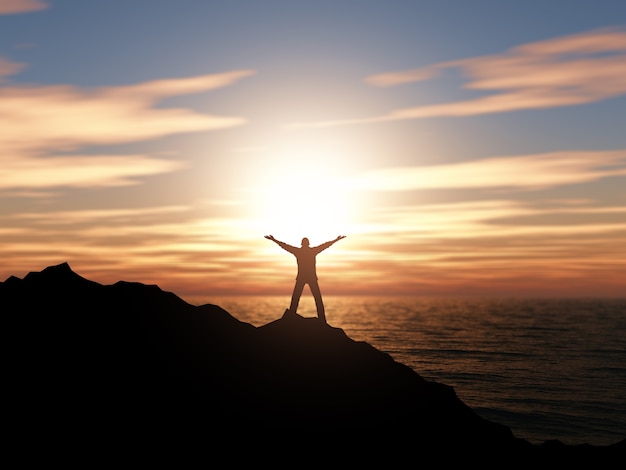 Free photo 3d silhouette of a man with arms raised against a sunset ocean landscape