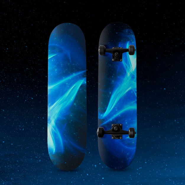 Foto gratuita skateboard 3d con stampa fiamma blu