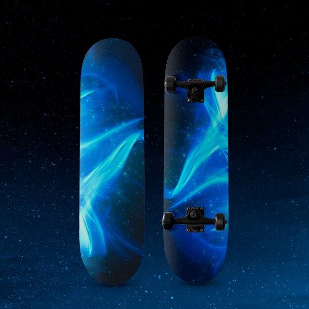 3D skateboard with blue flame print