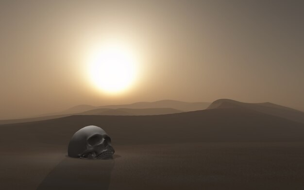 3D skull buried in a desert against a sunset sky