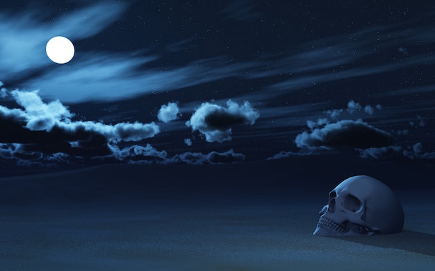 3D skull partially buried in sand against night sky