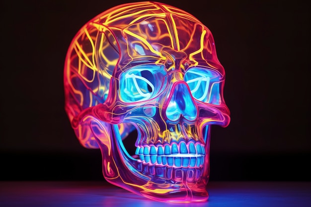 3D 두개골 모양은 밝은 홀로그램 색으로 빛납니다.