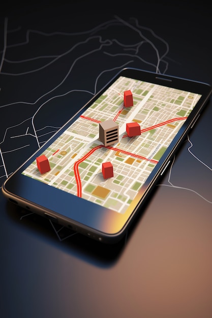 地図と GPS テクノロジーを備えた 3D スマートフォン デバイス