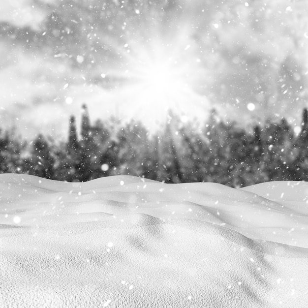 3D snow against a defocussed winter landscape