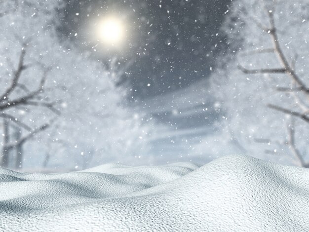 3D snow against a tree landscape in a blizzard