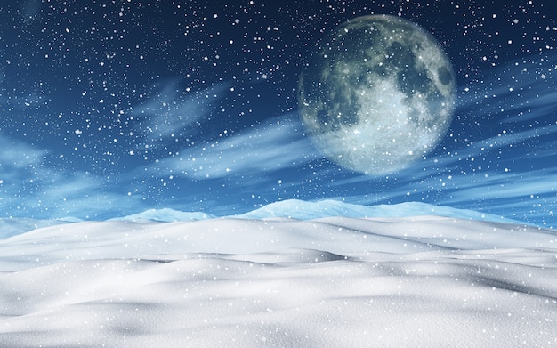 3D snowy Christmas landscape with moon