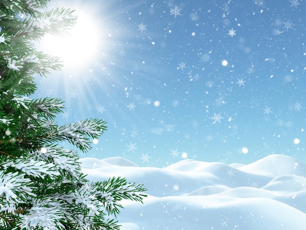 무료 사진 겨울 풍경에 3d 눈 덮인 크리스마스 트리