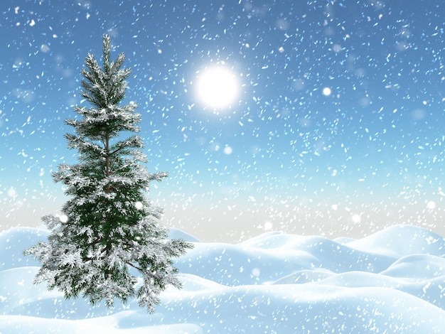 Free photo 3d snowy christmas tree in a winter landscape