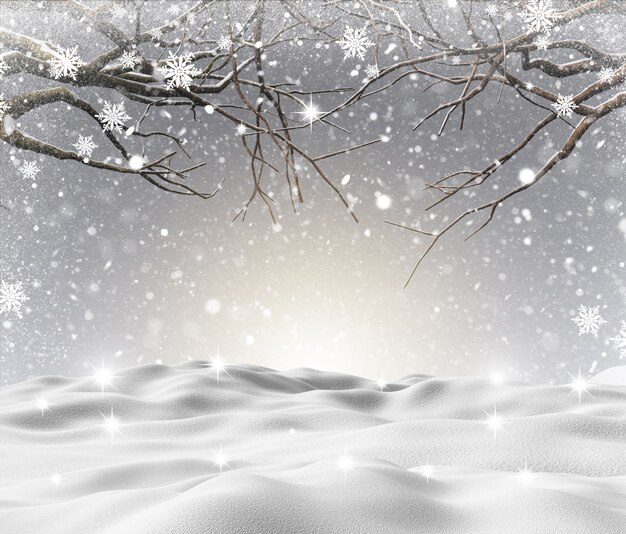 冬の木々と3 D雪の風景