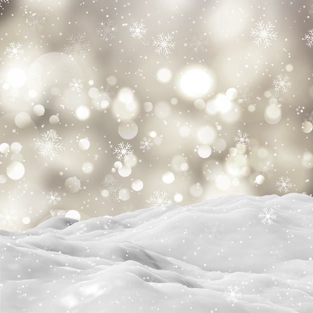 3D snowy winter landscape with bokeh lights and falling snowflakes