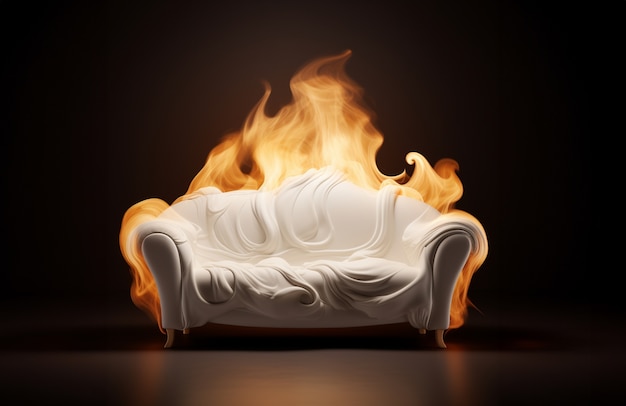 Free photo 3d sofa on fire with flames