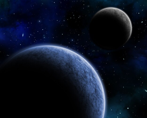 3D space background with fictional planets in a night sky