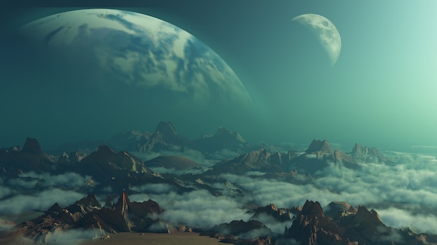 3D space background with fictional planets