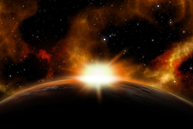 3D space scene with the sun rising over a fictional planet