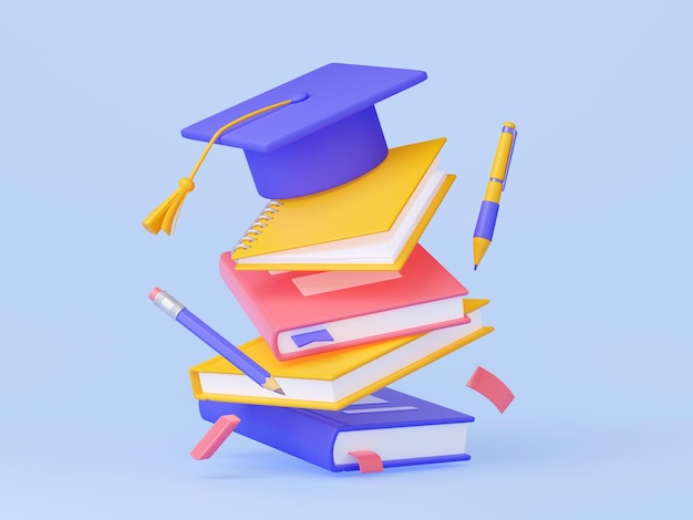 3d student graduation cap on books stack