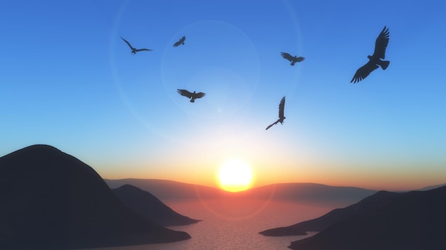 3D пейзаж заката с летающими в небе птицами