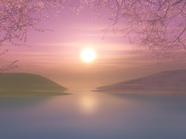 3D sunset landscape with cherry tree against a sunset sky