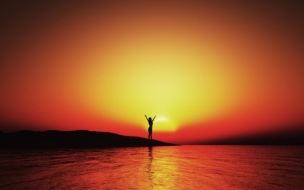 3D sunset landscape with female with arms raised in joy