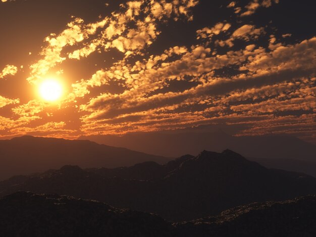 3D sunset mountain landscape