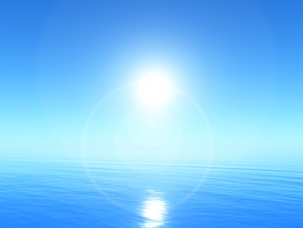 3D спокойный океан пейзаж с ярким голубым небом