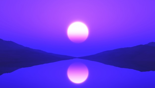 3D спокойный океан пейзаж с фиолетовым закатом