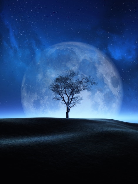 3D tree against a moon night sky