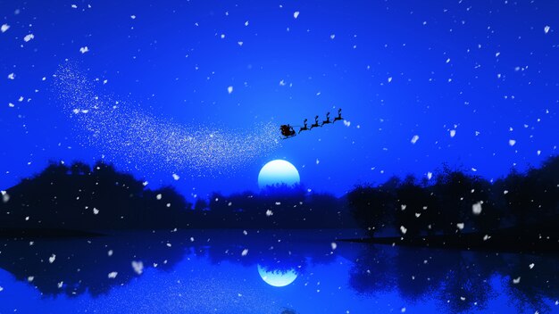 3D дерево пейзаж на фоне ночного неба с Санта Клаусом и его оленями
