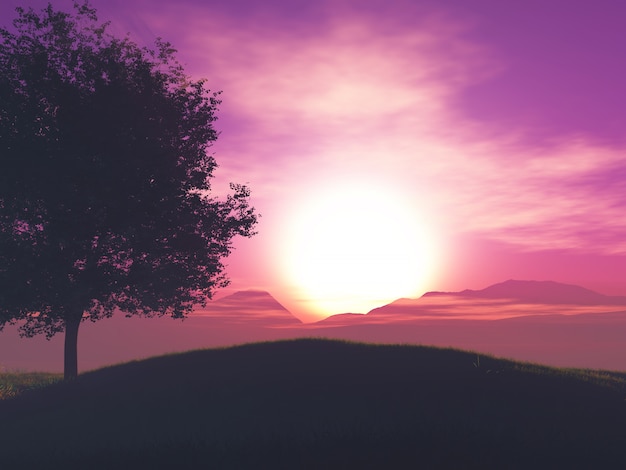 3D дерево пейзаж на фоне закатного неба