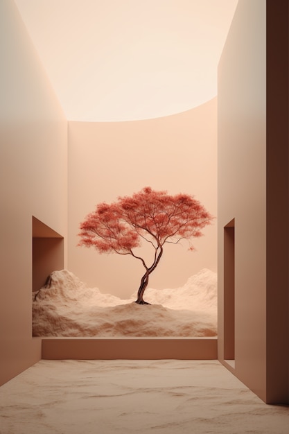 3d tree with branches and leaves displayed on podium