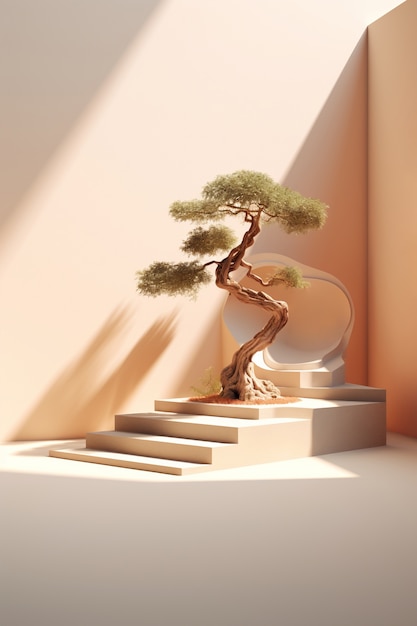 Free photo 3d tree with branches and leaves on podium