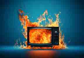 Free photo 3d tv on fire with flames