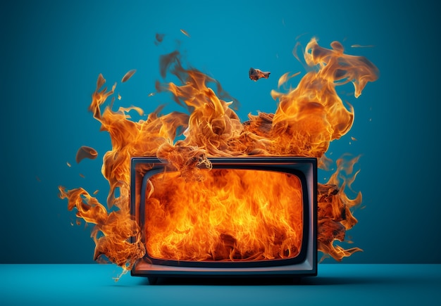 3Dテレビが炎で燃えている