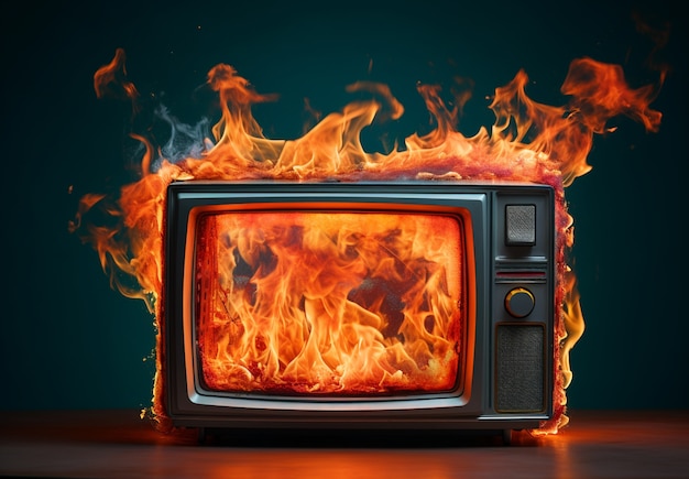 3d tv on fire with flames