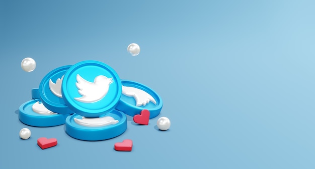 3d twitter social media logos with coin model and lov icon