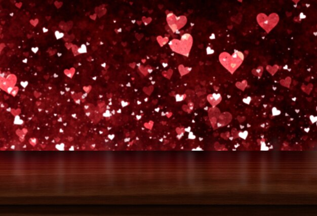 3D Valentine's Day background with wooden table looking out to a bokeh hearts light design