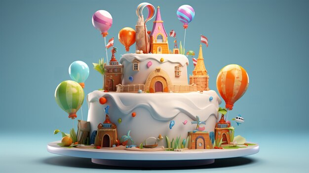 3D вид вкусного торта с воздушными шарами