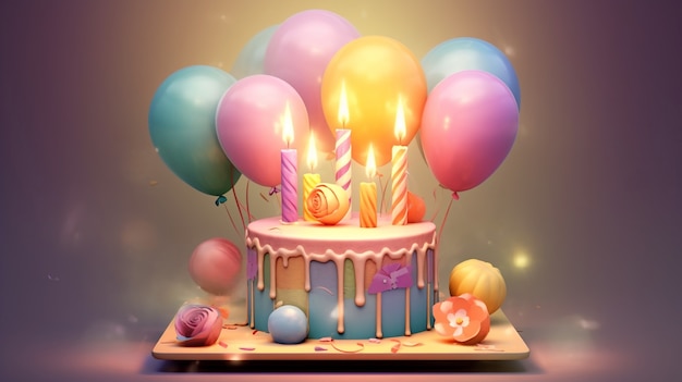 3d view of delicious looking cake with balloons