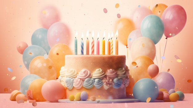 3d view of delicious looking cake with balloons