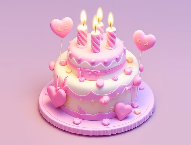 Free photo 3d view of delicious looking cake with lit candles and hearts