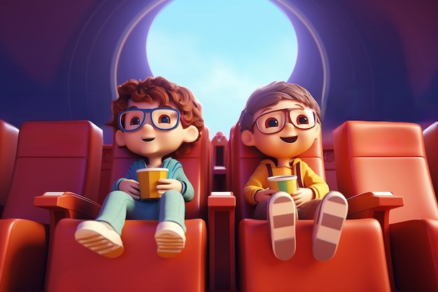 영화관에서 영화를 보는 아이들의 3D 시각