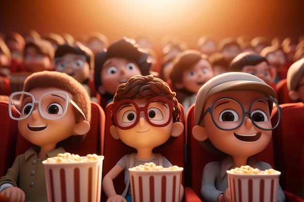 映画館で映画を見ている子供たちの3Dビュー