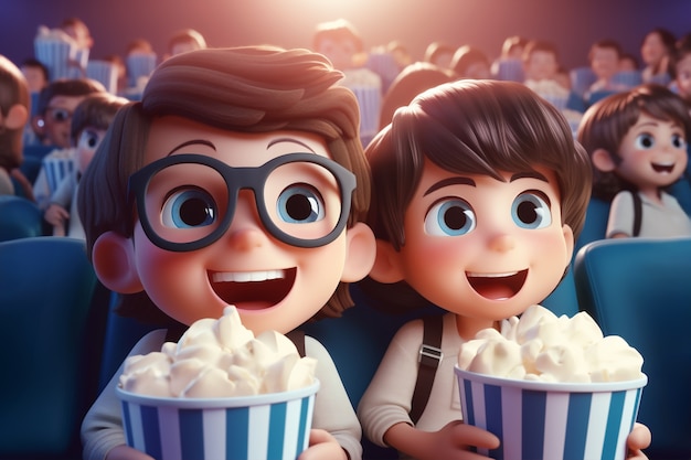 映画館で映画を見ている子供たちの3Dビュー